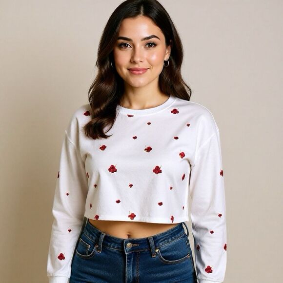 Spiritual Gangster Tops - Spiritual Gangster Mazzy Cropped Floral Embroidered Sweatshirt Sz M